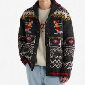 NWT Roots Cabin Shawl Collar Cardigan S Fair Isle Wool Blend Elbow Patch